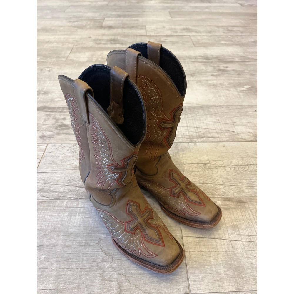 Pecos Bills Western Boots Tan Leather Cross Embroidery Square Toe Boots Size 8.5
